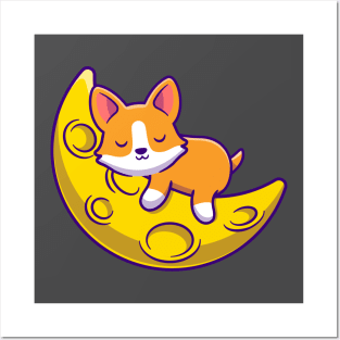 Cute Corgi Dog Sleeping On The Moon Cartoon Posters and Art